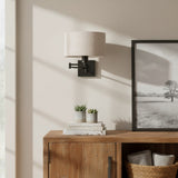 Modern Black Metal Swing Arm Linen Wall Sconce